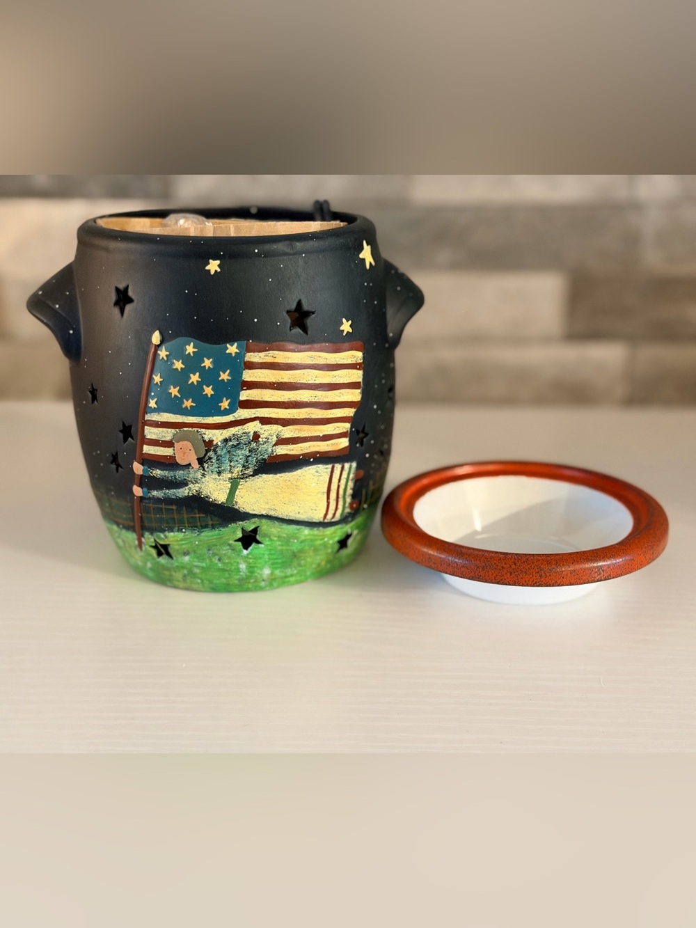 Vintage Lang Candles "Melting Pot" Americana Flag Angel Ceramic Wax Tart Warmer